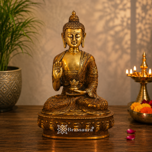 Brassaura® Brass Classic Buddha Idol in Seated Meditation Pose – Pure Superfine Brass Handcrafted Murti, Brass Statue for Home Temple, Pooja Room – 8 Inch, 1.7 Kg