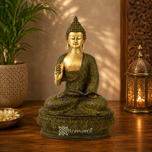 Brassaura® Brass Classic Buddha Idol with Green Antique Finish in Seated Meditation Pose – Pure Superfine Brass Handcrafted Murti, Brass Statue for Home Temple, Pooja Room – 14 Inch, 4.2 Kg