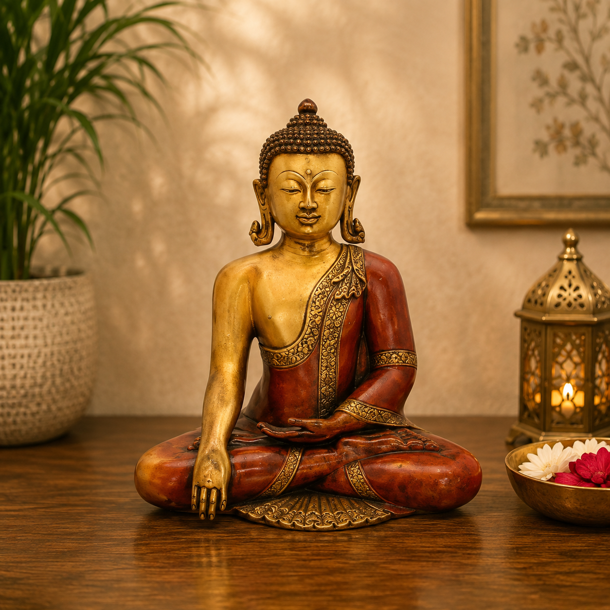 Brassaura® Brass Artistic Buddha Idol in Seated Meditation Pose – Pure Superfine Brass Handcrafted Murti, Brass Statue for Home Temple, Pooja Room – 15 Inch, 10.4 Kg