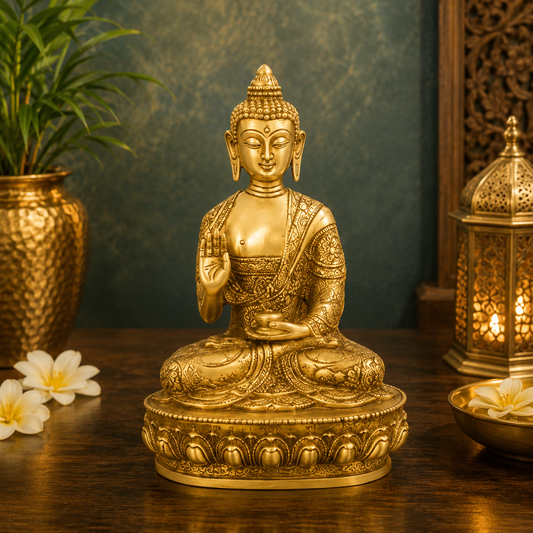 Brassaura® Buddha Statue – Artistic Royal Golden Finish | Pure Superfine Brass Handcrafted Murti | Brass Statue for Home Temple, Pooja Room | Height 9 Inch | Weight 1.8 Kg