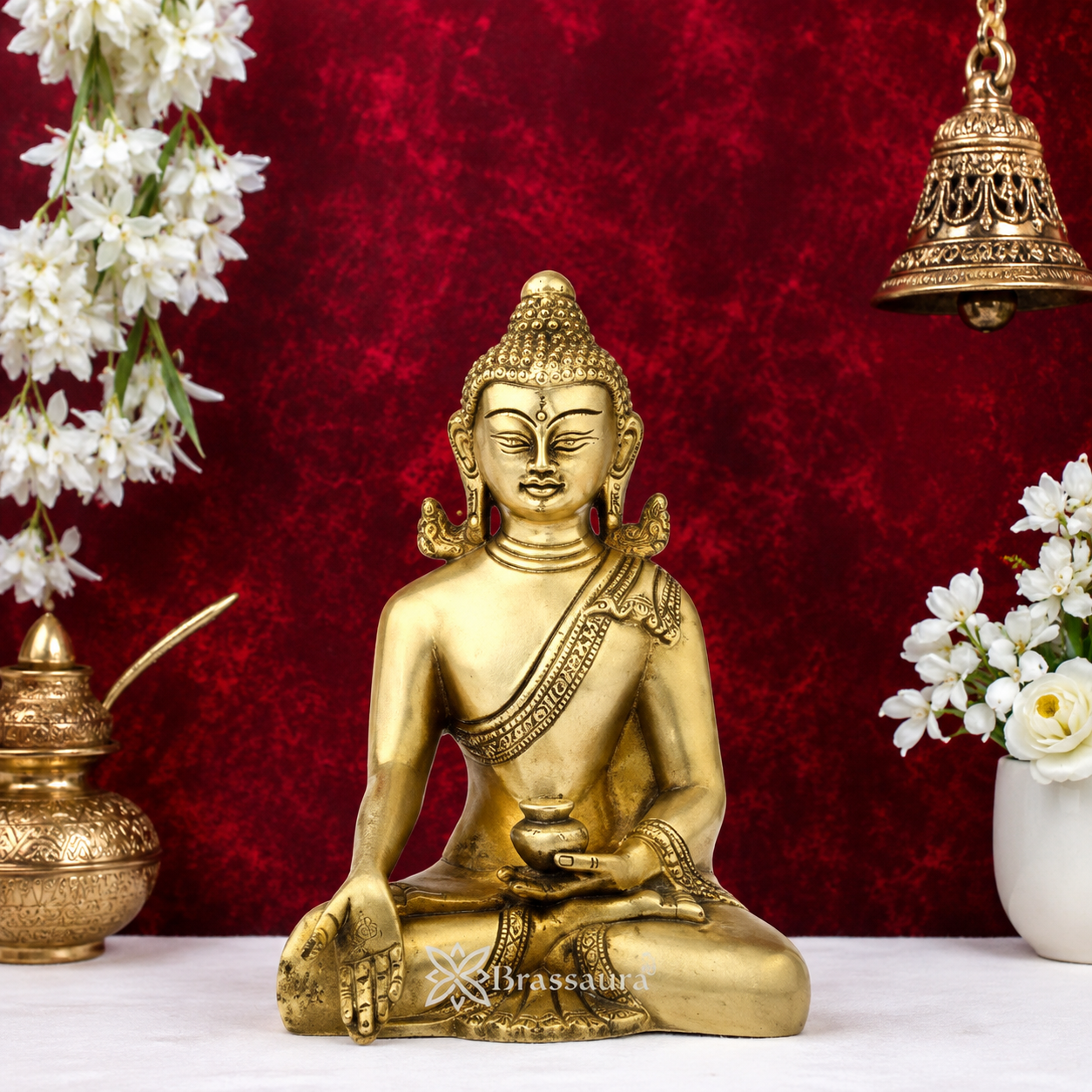 Brassaura® Buddha Statue – Classic Royal Golden Finish | Pure Superfine Brass Handcrafted Murti | Brass Statue for Home Temple, Pooja Room | Height 7 Inch | Weight 1.4 Kg