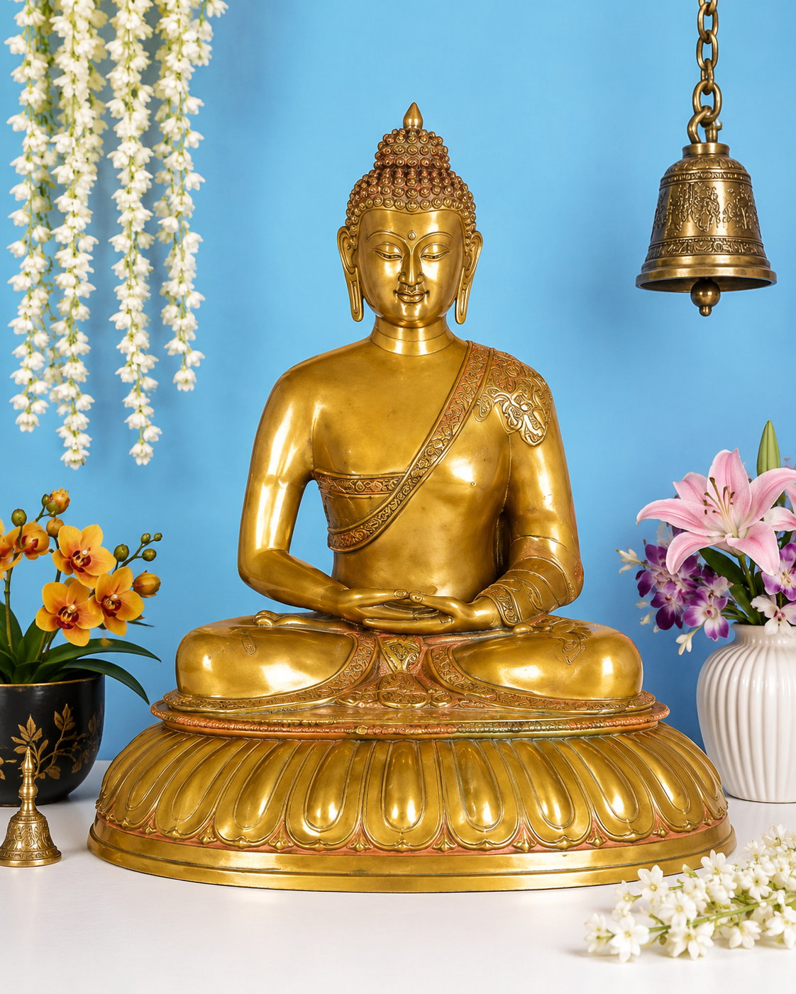 Brassaura® Buddha Statue – Classic Meditating Design, Royal Golden Finish | Pure Superfine Brass Handcrafted Murti | Brass Statue for Home Temple, Pooja Room | Height 27.6 Inch | Weight 3.4 Kg