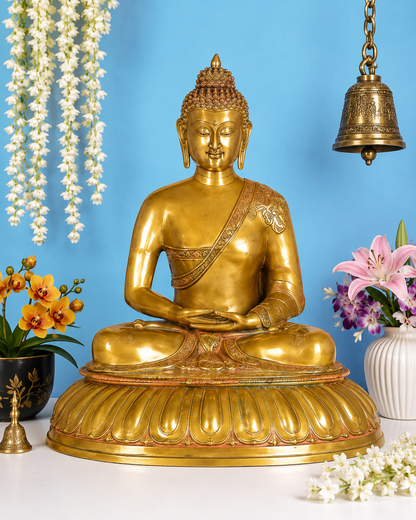 Brassaura® Buddha Statue – Classic Meditating Design, Royal Golden Finish | Pure Superfine Brass Handcrafted Murti | Brass Statue for Home Temple, Pooja Room | Height 27.6 Inch | Weight 3.4 Kg