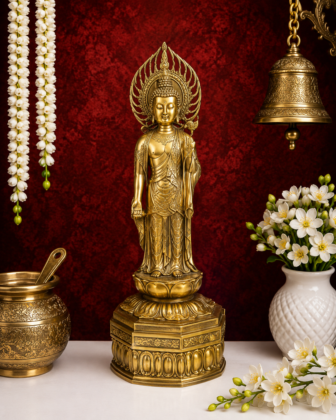 Brassaura® Standing Buddha Statue – Classic Royal Golden Finish | Pure Superfine Brass Handcrafted Murti | Brass Statue for Home Temple, Pooja Room | Height 24 Inch | Weight 10 Kg