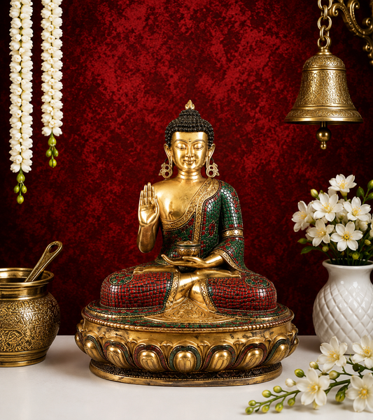 Brassaura® Brass Gem Stone Work Blessing Buddha Statue – Pure Superfine Brass Handcrafted Murti, Brass Statue for Home Temple, Pooja Room – 13.5 Inch, 27.4 Kg