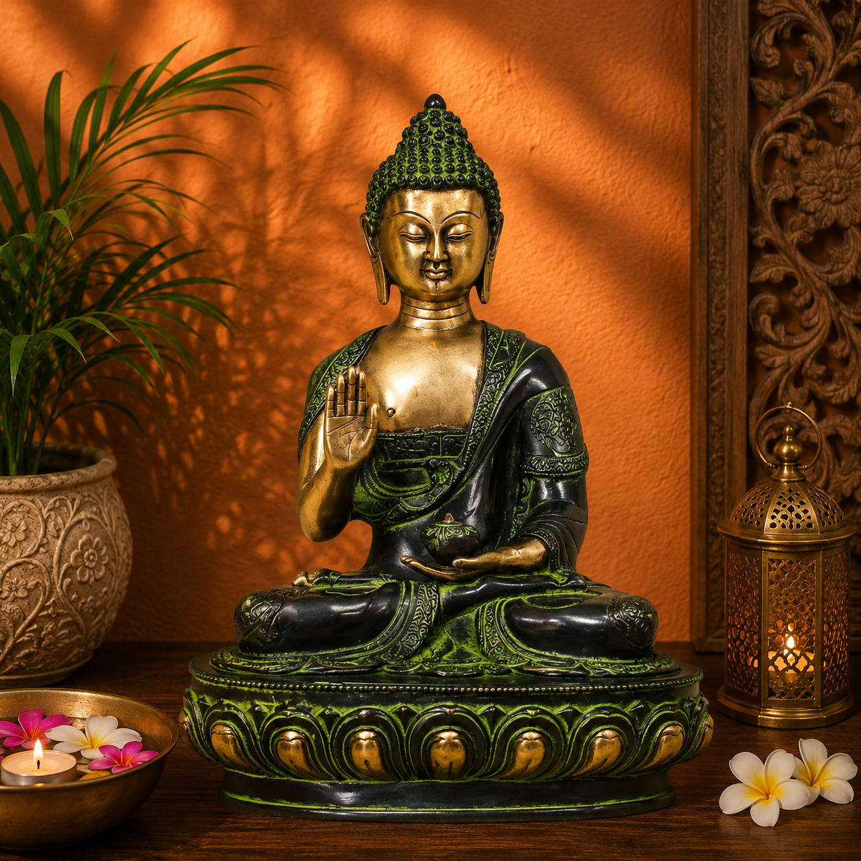 Brassaura® Vintage Buddha Idol for Home & Décor | Pure Superfine Brass Handcrafted Murti, Brass Statue for Home Temple, Pooja Room | Height 17 Inches | Weight 11 Kg
