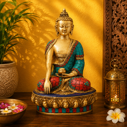 Brassaura® Artistic Gem Stone Work Buddha Idol for Home & Décor | Pure Superfine Brass Handcrafted Murti, Brass Statue for Home Temple, Pooja Room | Height 10 Inches | Weight 3.2