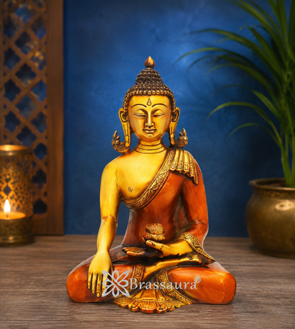 Brassaura® Antique Buddha Idol for Home & Décor | Pure Superfine Brass Handcrafted Murti, Brass Statue for Home Temple, Pooja Room | Height 8 Inches | Weight 2 Kg