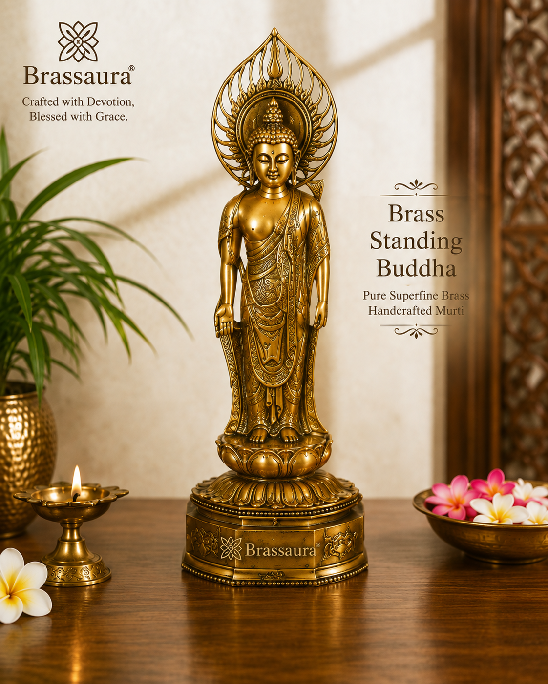 Brassaura® Classic Standing Buddha Idol for Home & Décor | Pure Superfine Brass Handcrafted Murti, Brass Statue for Home Temple, Pooja Room | Height 24 Inches | Weight 10 Kg