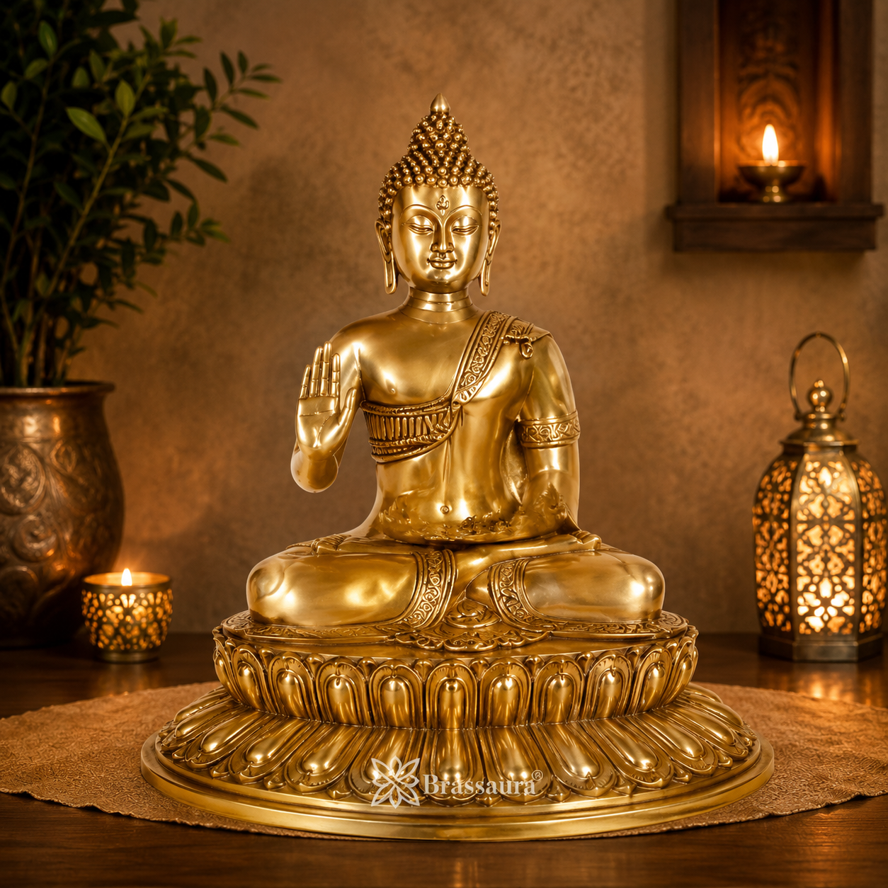 Brassaura® Classic Buddha Idol for Home & Décor | Pure Superfine Brass Handcrafted Murti, Brass Statue for Home Temple, Pooja Room | Height 22.8 Inches | Weight 18 Kg