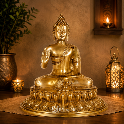 Brassaura® Classic Buddha Idol for Home & Décor | Pure Superfine Brass Handcrafted Murti, Brass Statue for Home Temple, Pooja Room | Height 22.8 Inches | Weight 18 Kg