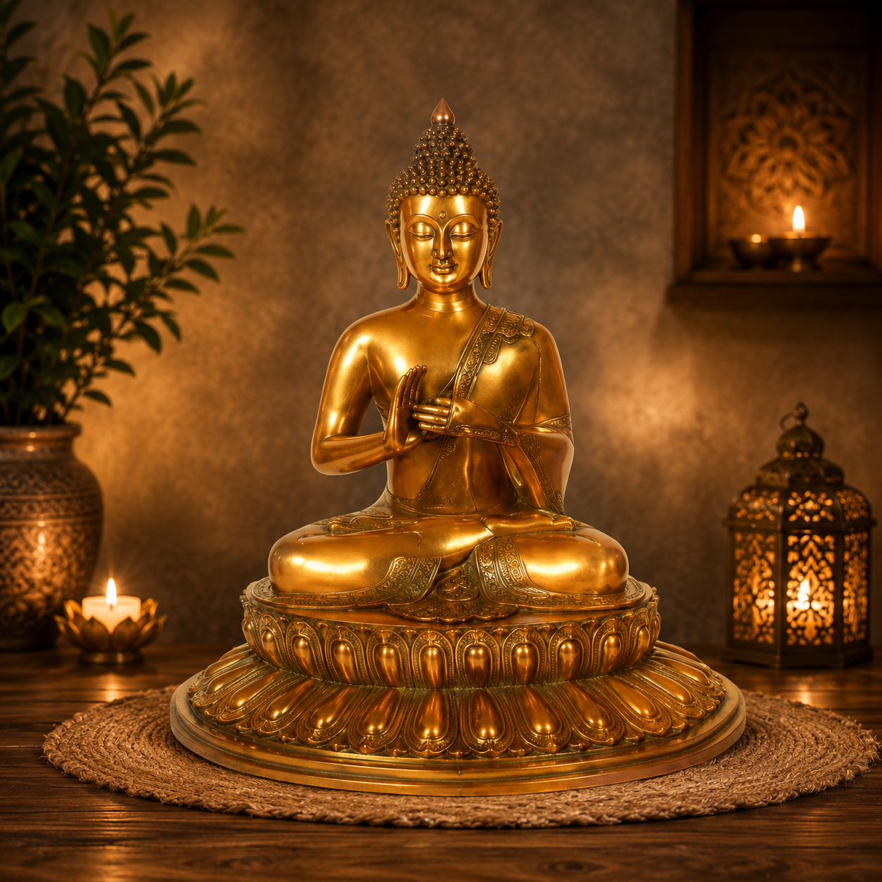 Brassaura® Classic Buddha Idol for Home & Décor | Pure Superfine Brass Handcrafted Murti, Brass Statue for Home Temple, Pooja Room | Height 22.8 Inches | Weight 18 Kg