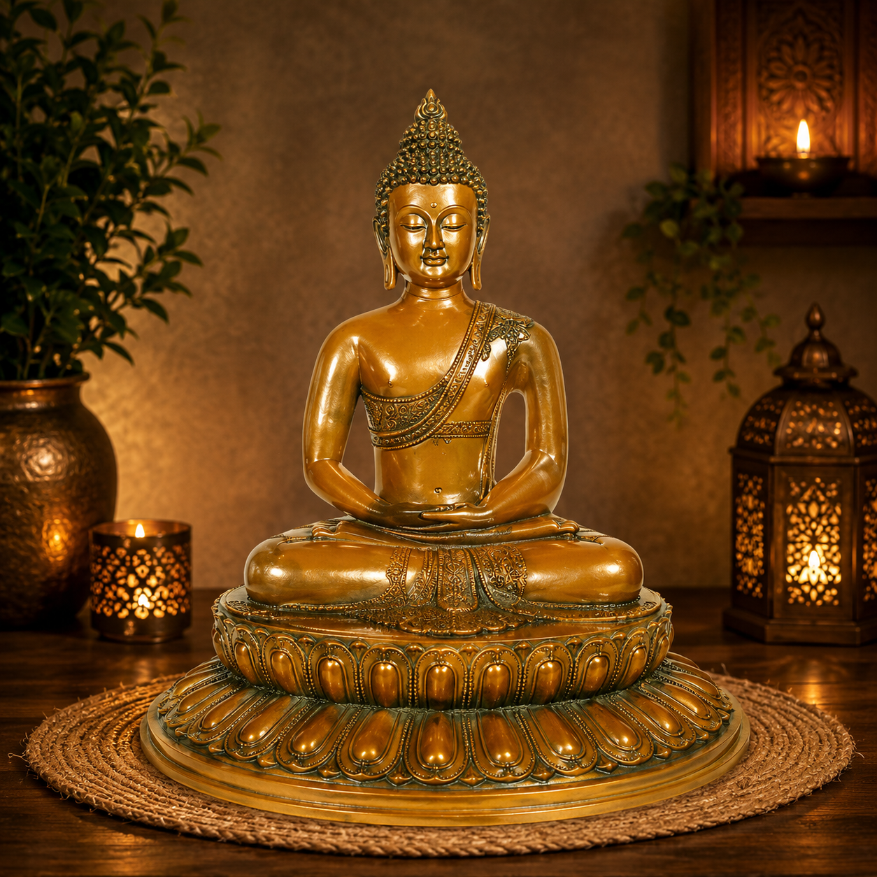 Brassaura® Classic Buddha Idol for Home & Décor | Pure Superfine Brass Handcrafted Murti, Brass Statue for Home Temple, Pooja Room | Height 22.8 Inches | Weight 18 Kg