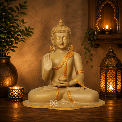 Brassaura® Buddha Sitting in Meditation Idol with Vintage Finish | Pure Superfine Brass Handcrafted Murti | Brass Statue for Home Temple, Pooja Room | Height 17.5 Inches | Weight 17 Kgs