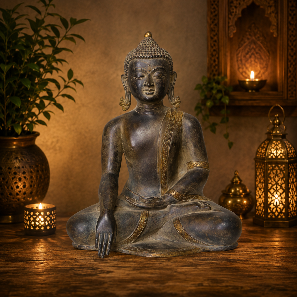 Brassaura® Buddha Bhumisparsha Mudra Sitting Idol with Antique Finish | Pure Superfine Brass Handcrafted Murti | Brass Statue for Home Temple, Pooja Room | Height 15 Inches | Weight 10 Kgs