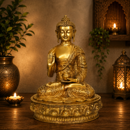 Brassaura® Royal Golden Blessing Buddha Idol with Base for Home & Décor | Pure Superfine Brass Handcrafted Murti, Brass Statue for Home Temple, Pooja Room | Height 15 Inches | Weight 8 Kg