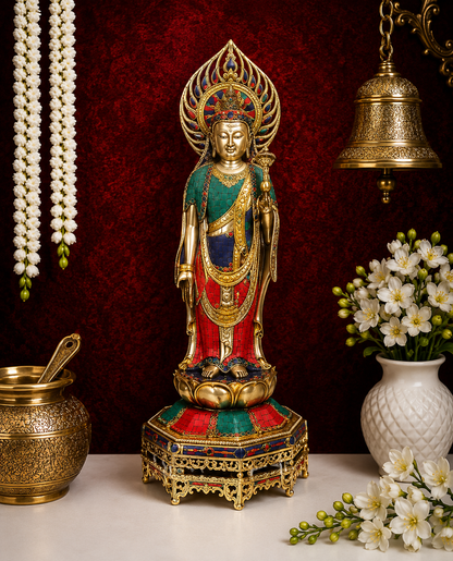 Brassaura® Brass Standing Gem Stone Work Buddha Statue – Pure Superfine Brass Handcrafted Murti, Brass Statue for Home Temple, Pooja Room – 23.5 Inch, 12 Kg