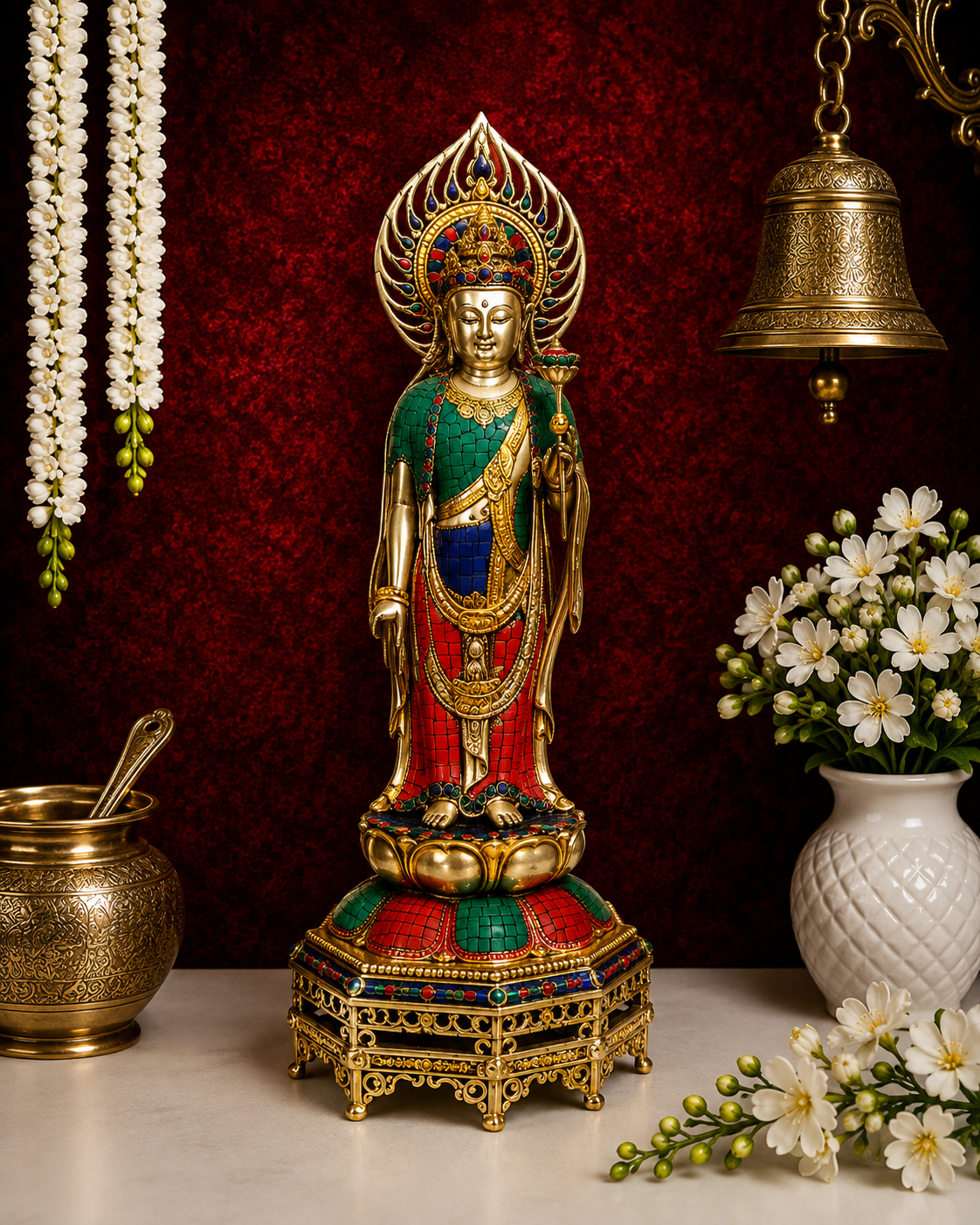 Brassaura® Brass Standing Gem Stone Work Buddha Statue – Pure Superfine Brass Handcrafted Murti, Brass Statue for Home Temple, Pooja Room – 23.5 Inch, 12 Kg