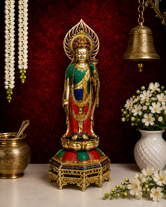 Brassaura® Brass Standing Gem Stone Work Buddha Statue – Pure Superfine Brass Handcrafted Murti, Brass Statue for Home Temple, Pooja Room – 23.5 Inch, 12 Kg