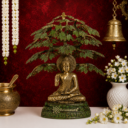 Brassaura® Buddha with Tree Idol for Home & Décor | Pure Superfine Brass Handcrafted Murti, Brass Statue for Home Temple, Pooja Room | Height 20.5 Inches | Weight 17 Kg