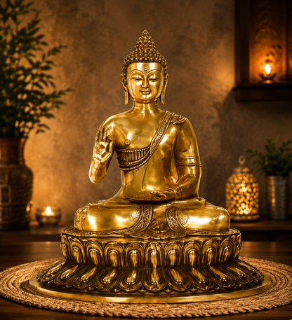 Brassaura® Classic Buddha Idol for Home & Décor | Pure Superfine Brass Handcrafted Murti, Brass Statue for Home Temple, Pooja Room | Height 18 Inches | Weight 22.5 Kg