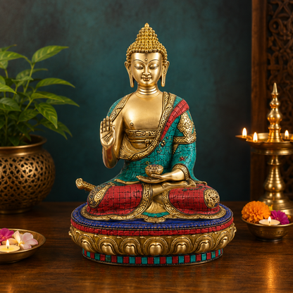 Brassaura® Buddha Sitting in Blessing Mudra Idol with Gem Stone Work Finish | Pure Superfine Brass Handcrafted Murti | Brass Statue for Home Temple, Pooja Room | Height 18 Inches | Weight 11 Kgs