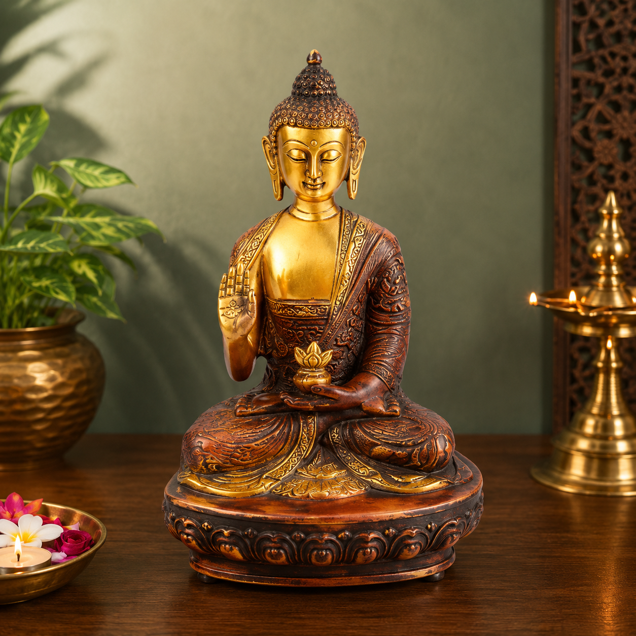 Brassaura® Buddha Sitting in Blessing Mudra Idol with Multicolor Finish and Base | Pure Superfine Brass Handcrafted Murti | Brass Statue for Home Temple, Pooja Room | Height 8 Inches | Weight 1.8 Kgs