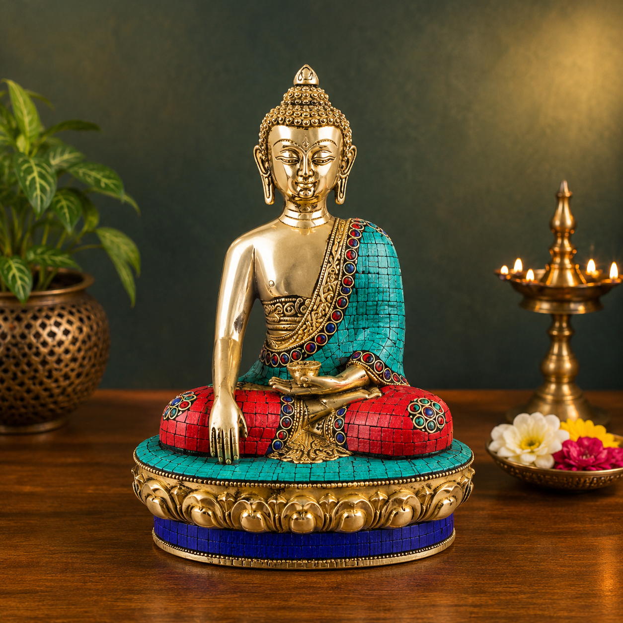Brassaura® Buddha Bhumisparsha Mudra Sitting Idol with Gem Stone Work Finish | Pure Superfine Brass Handcrafted Murti | Brass Statue for Home Temple, Pooja Room | Height 8 Inches | Weight 2.2 Kgs