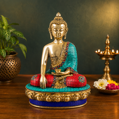 Brassaura® Buddha Bhumisparsha Mudra Sitting Idol with Gem Stone Work Finish | Pure Superfine Brass Handcrafted Murti | Brass Statue for Home Temple, Pooja Room | Height 8 Inches | Weight 2.2 Kgs