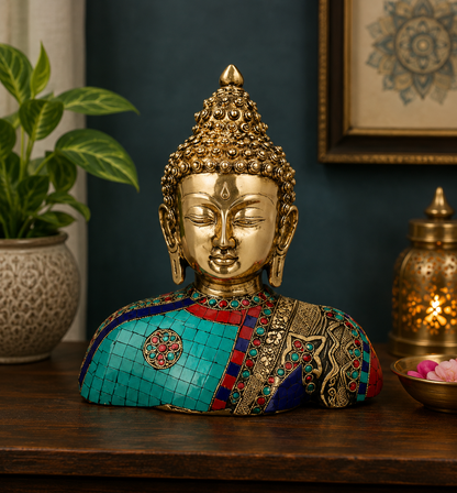 Brassaura® Buddha Bhumisparsha Mudra Sitting Idol with Gem Stone Work Finish | Pure Superfine Brass Handcrafted Murti | Brass Statue for Home Temple, Pooja Room | Height 10 Inches | Weight 3.4 Kgs
