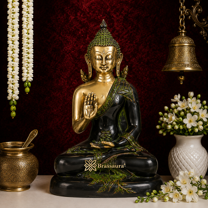Brassaura® Buddha Sitting in Blessing Mudra Idol with Antique Black & Gold Finish | Pure Superfine Brass Handcrafted Murti | Brass Statue for Home Temple, Pooja Room | Height 8 Inches | Weight 2.3 Kgs