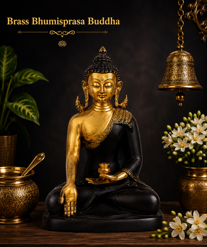 Brassaura® Buddha Bhumisparsha Mudra Sitting Idol with Antique Black & Gold Finish | Pure Superfine Brass Handcrafted Murti | Brass Statue for Home Temple, Pooja Room | Height 8 Inches | Weight 2.3 Kgs