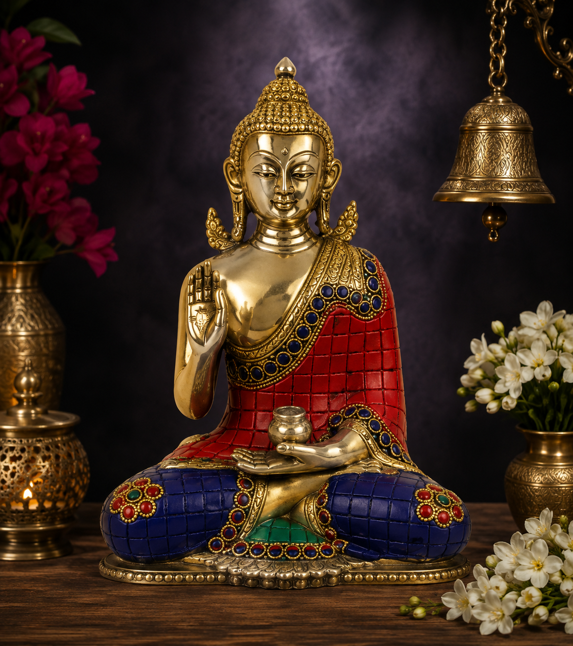 Brassaura® Buddha Sitting in Blessing Mudra Idol with Gem Stone Work Finish | Pure Superfine Brass Handcrafted Murti | Brass Statue for Home Temple, Pooja Room | Height 2.4 Inches | Weight 7.5 Kgs