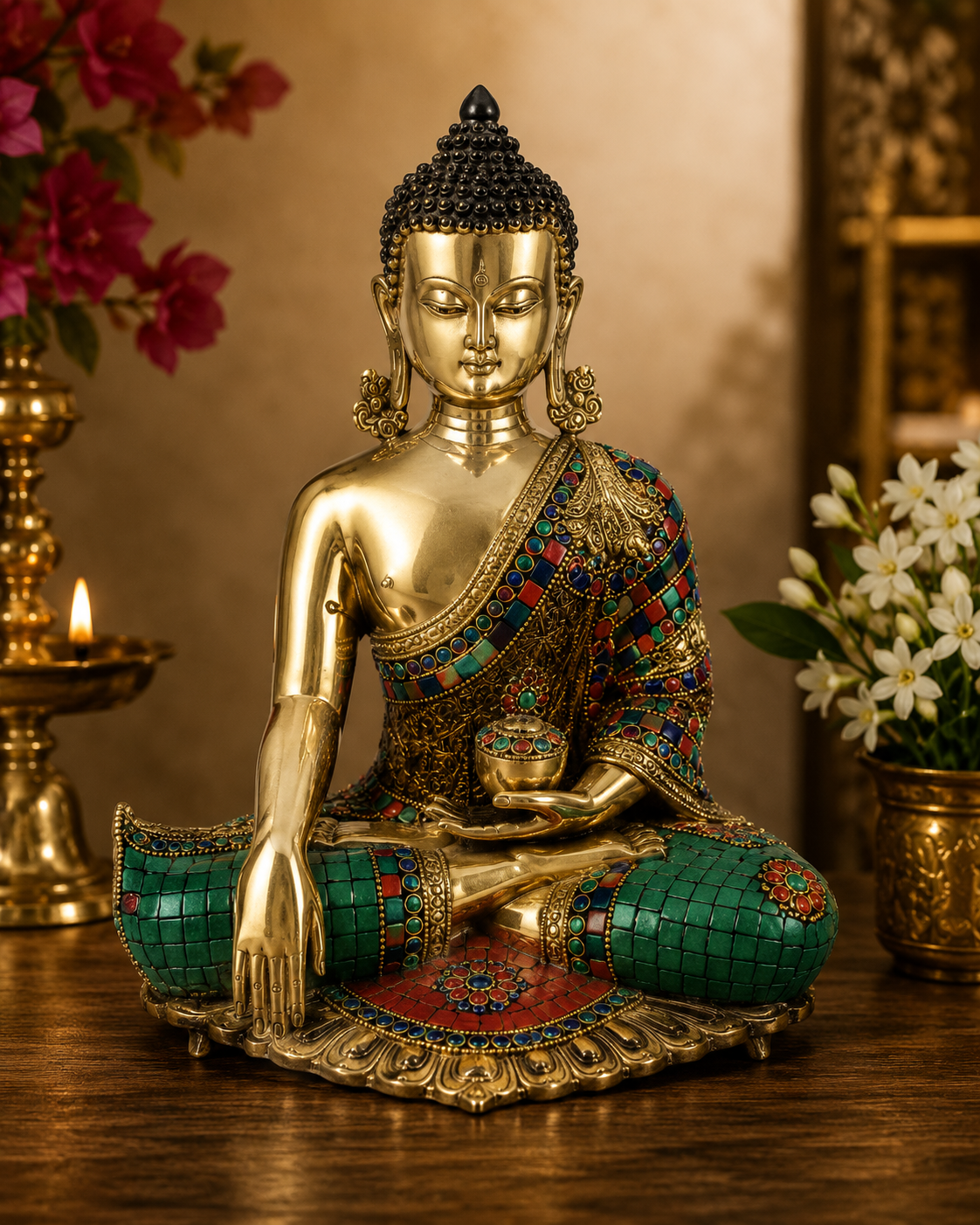 Brassaura® Buddha Bhumisparsha Mudra Sitting Idol with Gem Stone Work Finish | Pure Superfine Brass Handcrafted Murti | Brass Statue for Home Temple, Pooja Room | Height 16 Inches | Weight 10.5 Kgs