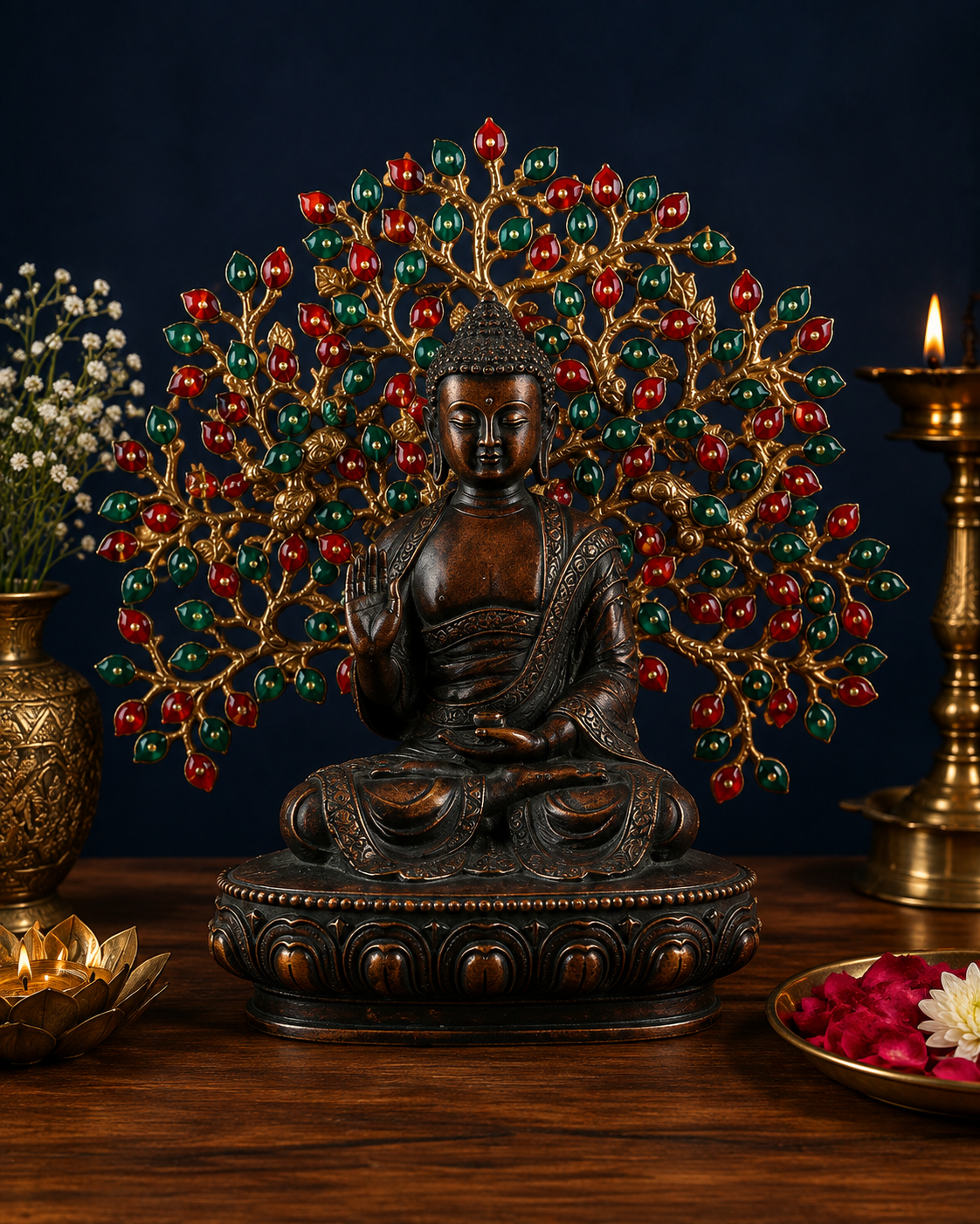 Brassaura® Buddha Sitting with Tree Idol with Antique Finish | Pure Superfine Brass Handcrafted Murti | Brass Statue for Home Temple, Pooja Room | Weight 4.25 Kgs