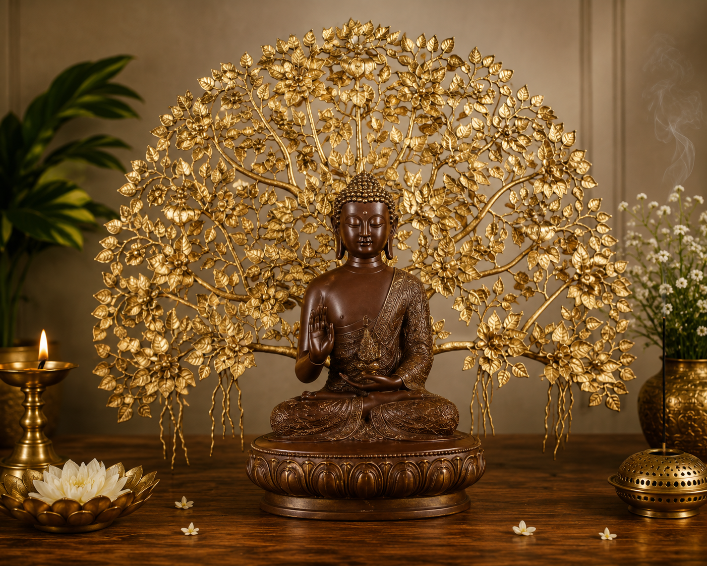 Brassaura® Buddha Sitting with Kalpavriksha Tree Idol with Antique Finish | Pure Superfine Brass Handcrafted Murti | Brass Statue for Home Temple, Pooja Room | Weight 30 Kgs