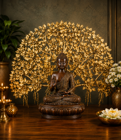 Brassaura® Buddha Sitting with Kalpavriksha Tree Idol with Antique Finish | Pure Superfine Brass Handcrafted Murti | Brass Statue for Home Temple, Pooja Room | Weight 24.8 Kgs