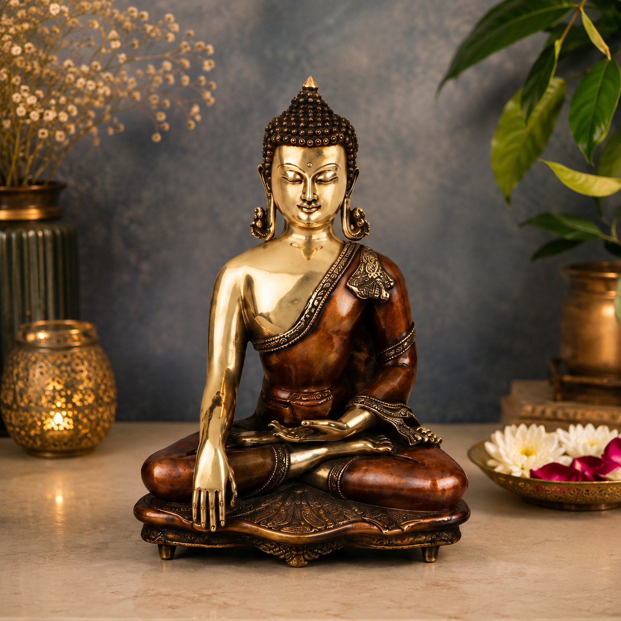 Brassaura® Buddha Bhumisparsha Mudra Sitting Idol with Vintage Finish | Pure Superfine Brass Handcrafted Murti | Brass Statue for Home Temple, Pooja Room | Height 16 Inches | Weight 10 Kgs