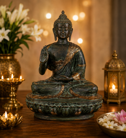 Brassaura® Buddha Sitting in Blessing Mudra Idol with Antique Black & Gold Finish | Pure Superfine Brass Handcrafted Murti | Brass Statue for Home Temple, Pooja Room | Height 19 Inches | Weight 10.5 Kgs