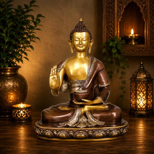 Brassaura® Buddha Sitting in Blessing Mudra Idol with Vintage Finish | Pure Superfine Brass Handcrafted Murti | Brass Statue for Home Temple, Pooja Room | Height 28 Inches | Weight 27 Kgs