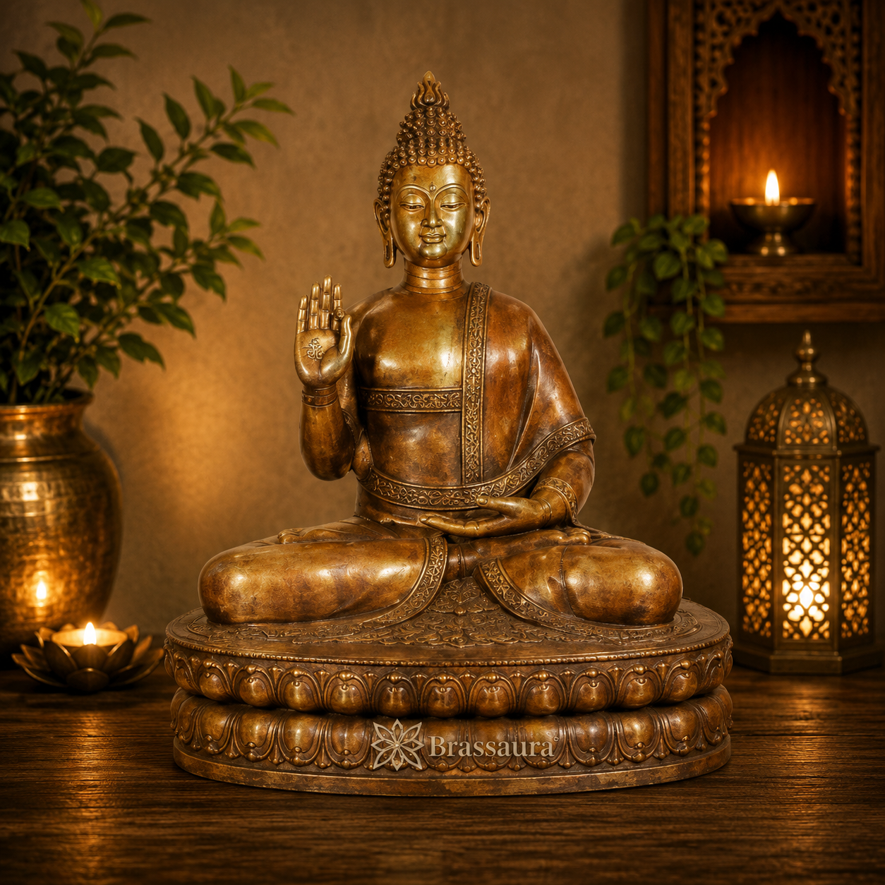 Brassaura® Buddha Sitting in Blessing Mudra Idol with Vintage Finish | Pure Superfine Brass Handcrafted Murti | Brass Statue for Home Temple, Pooja Room | Height 60 Inches | Weight 215 Kgs