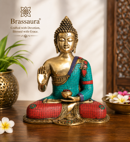 Brassaura® Buddha Sitting in Blessing Mudra Idol with Gem Stone Work Finish | Pure Superfine Brass Handcrafted Murti | Brass Statue for Home Temple, Pooja Room | Height 18.5 Inches | Weight 11 Kgs