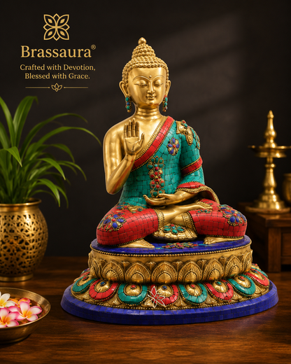Brassaura® Buddha Statue – Blessing Gem Stone Work Design | Pure Superfine Brass Handcrafted Murti | Brass Statue for Home Temple, Pooja Room | Height 13 Inch | Weight 7 Kg