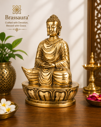 Brassaura® Buddha Sitting in Meditation Idol with Royal Golden Finish and Base | Pure Superfine Brass Handcrafted Murti | Brass Statue for Home Temple, Pooja Room | Height 8 Inches | Weight 2 Kgs