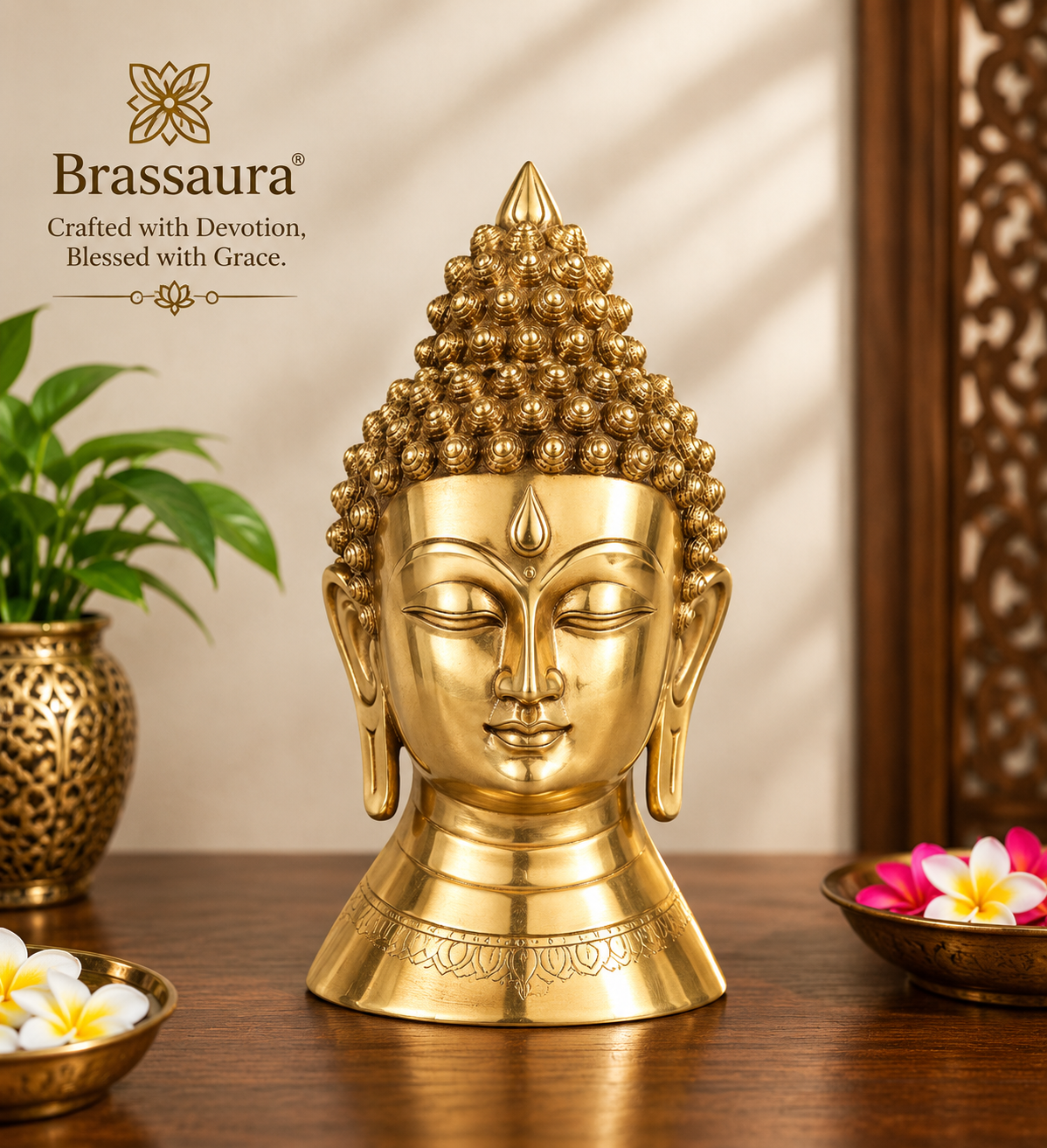 Brassaura® Buddha Head Decorative Statue with Royal Golden Finish | Pure Superfine Brass Handcrafted Murti | Brass Statue for Home Temple, Pooja Room | Height 8 Inches | Weight 2.5 Kgs