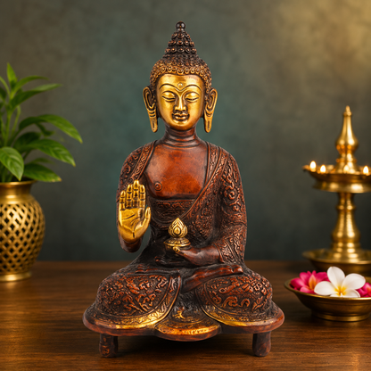 Brassaura® Buddha Sitting in Blessing Mudra Idol with Vintage Finish | Pure Superfine Brass Handcrafted Murti | Brass Statue for Home Temple, Pooja Room | Height 6 Inches | Weight 0.9 Kgs