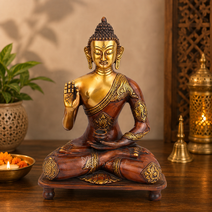 Brassaura® Buddha Sitting in Blessing Mudra Idol with Vintage Finish | Pure Superfine Brass Handcrafted Murti | Brass Statue for Home Temple, Pooja Room | Height 13 Inches | Weight 4.5 Kgs