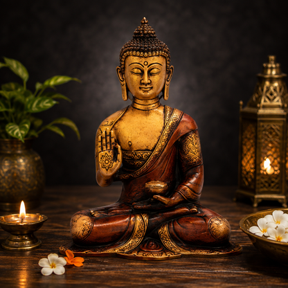 Brassaura® Buddha Sitting in Blessing Mudra Idol with Antique Finish | Pure Superfine Brass Handcrafted Murti | Brass Statue for Home Temple, Pooja Room | Height 8 Inches | Weight 2 Kgs