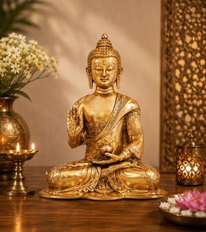 Brassaura® Buddha Sitting in Blessing Mudra Idol with Royal Golden Finish | Pure Superfine Brass Handcrafted Murti | Brass Statue for Home Temple, Pooja Room | Height 8 Inches | Weight 2 Kgs