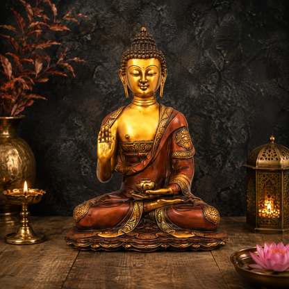 Brassaura® Buddha Sitting in Blessing Mudra Idol with Antique Finish | Pure Superfine Brass Handcrafted Murti | Brass Statue for Home Temple, Pooja Room | Height 13.5 Inches | Weight 6.8 Kgs